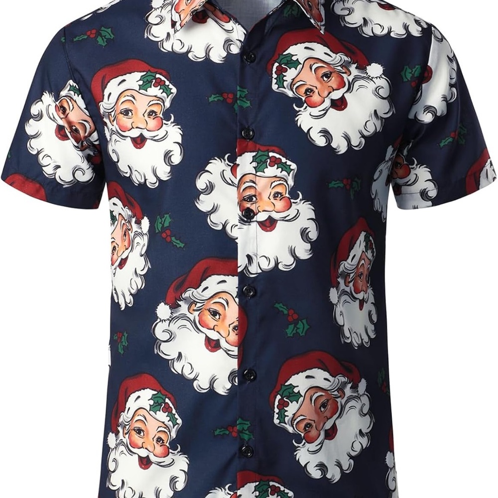 Festive Santa Print Button Down Shirt - Navy - Picture 3 of 5